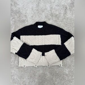 Zara Kids Black Cream Cable Knit Sweater Distressed Hem Size 13–14
